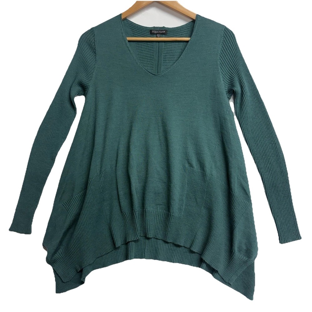 Eileen Fisher Women's XS 100% Merino Wool Teal V Neck Tunic Sweater Ribbed Swing